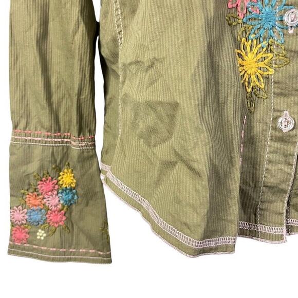 J Jill Womens Embroidered Long Sleeve Bell Sleeve Button Up Green Shirt Top sz 4 - Picture 8 of 16